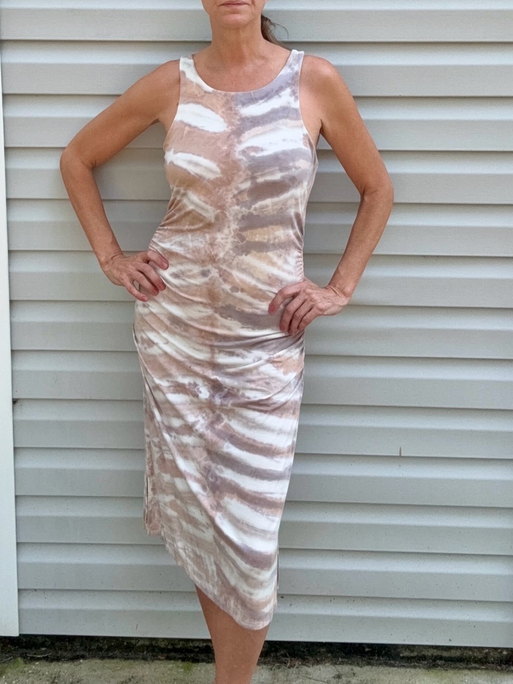 River + Sky Sleeveless Tie-Dye Midi Dress in Taupe and White